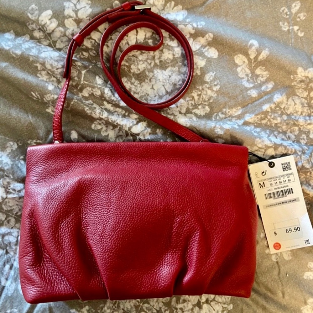 ZARA Genuine Leather Crossbody Purse (Red)